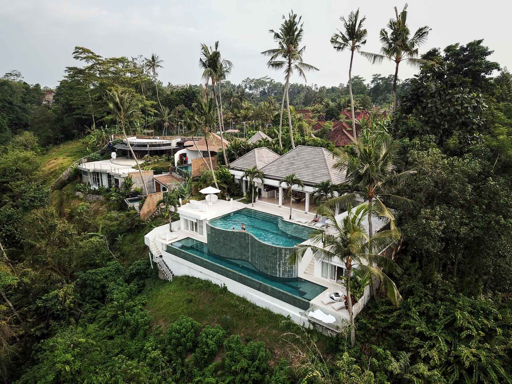 Vue de côté d'une magnifique villa de luxe avec une piscine à débordement incurvée, nichée dans un paysage de jungle luxuriante avec des palmiers