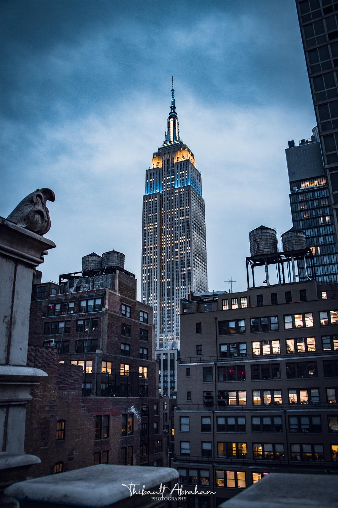 L'Empire State Building centré dans un panorama urbain de grattes-ciel et de chateaux d'eau à New York