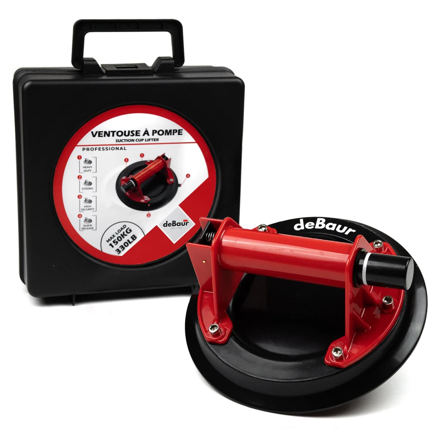 DeBaur professional red and black pump suction cup with storage case on a white background