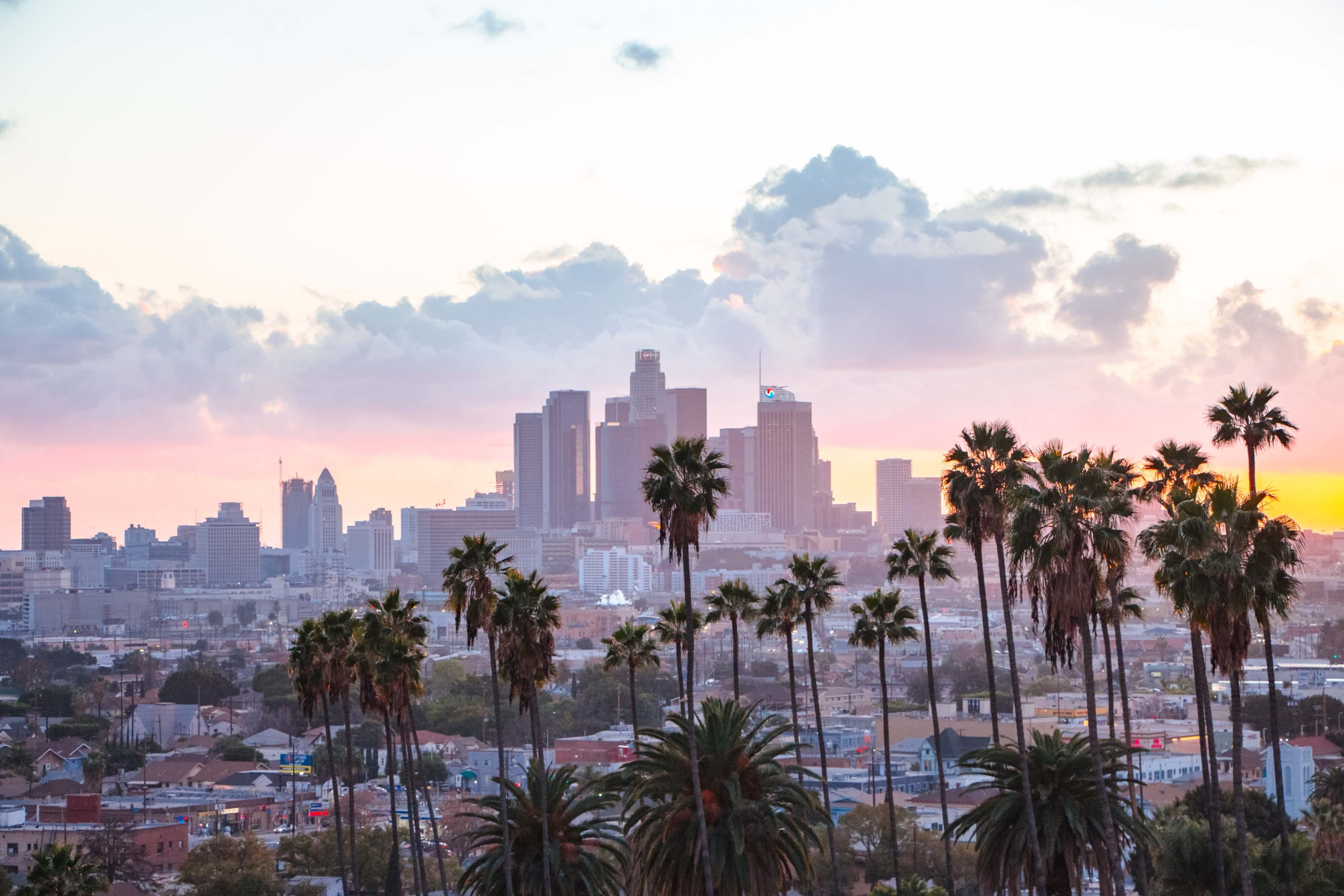 Skyline de Los Angeles au coucher de soleil, palmiers au premier plan