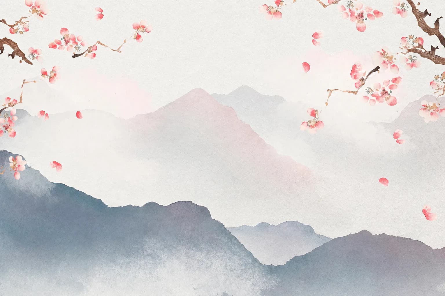 Aquarelle de montagnes japonaises et branches de cerisiers en fleurs