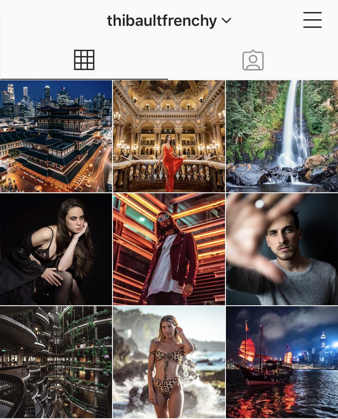 Aperçu de la grille Instagram @thibaultfrenchy, photos retouchées et harmonisées