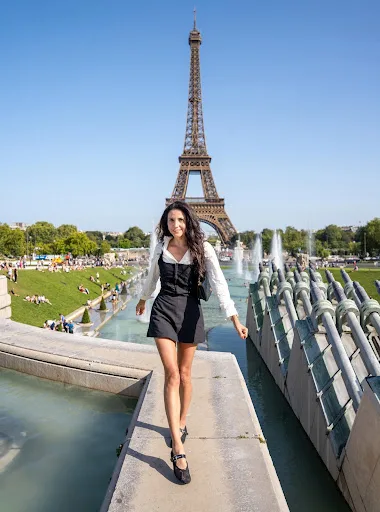 Femme en robe noire et chemisier blanc marchant sur un muret devant la tour Eiffel et les fontaines du Trocadéro